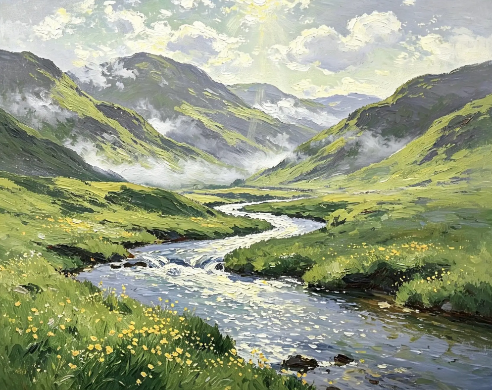油画风格的山谷与溪流